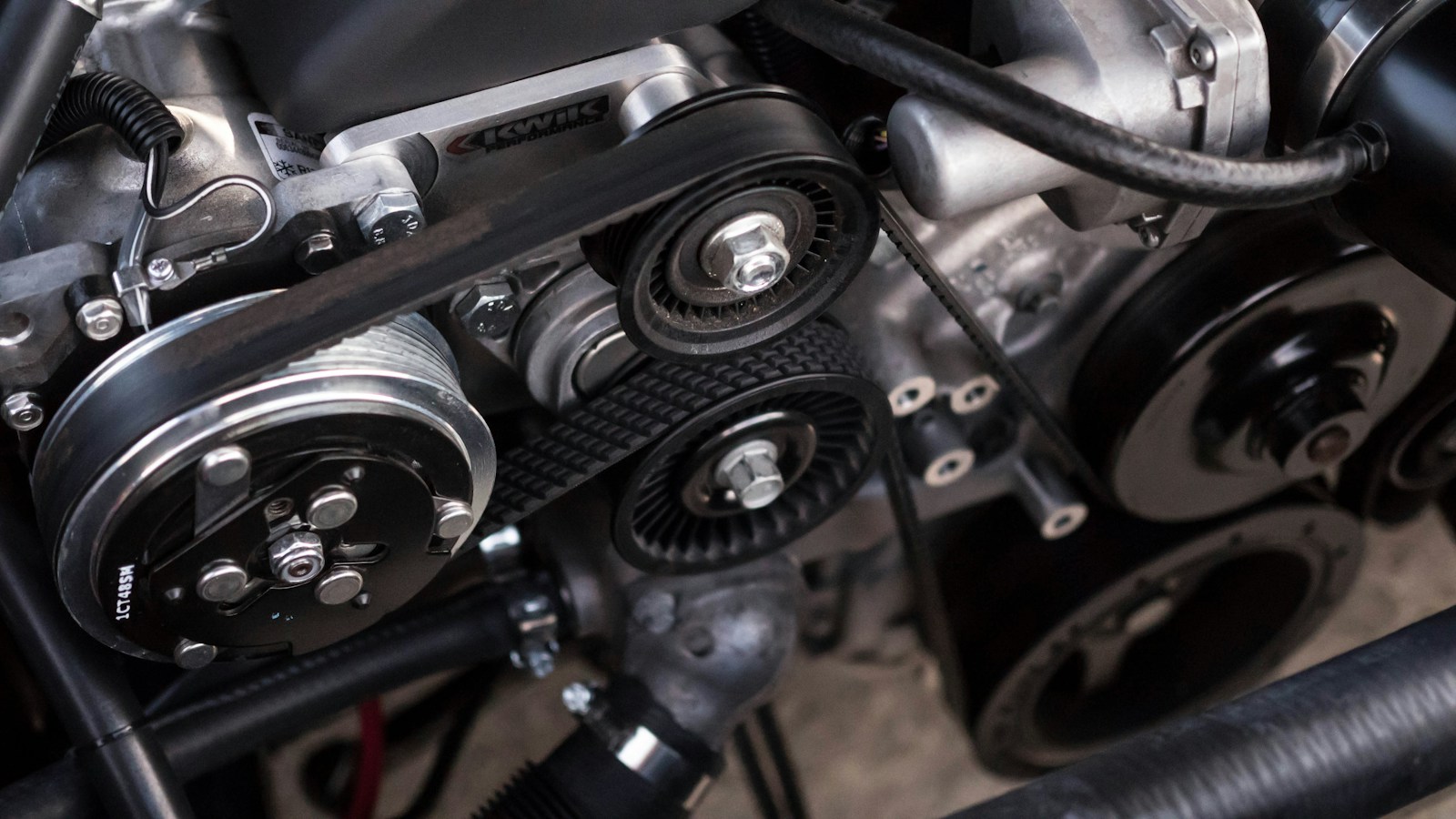 Close-up of the components of a vehicle engine